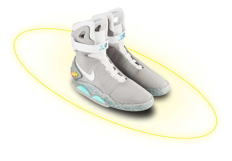 Кроссовки Nike Air Mag cо светящейся желтой обводкой под ними